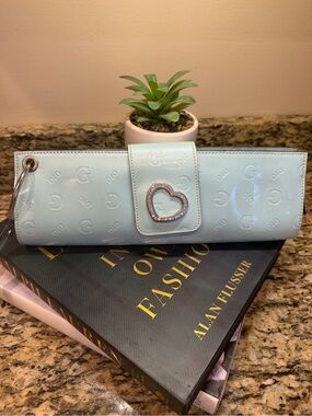 G by Guess light blue Patent Heart-Clasp Wristlet